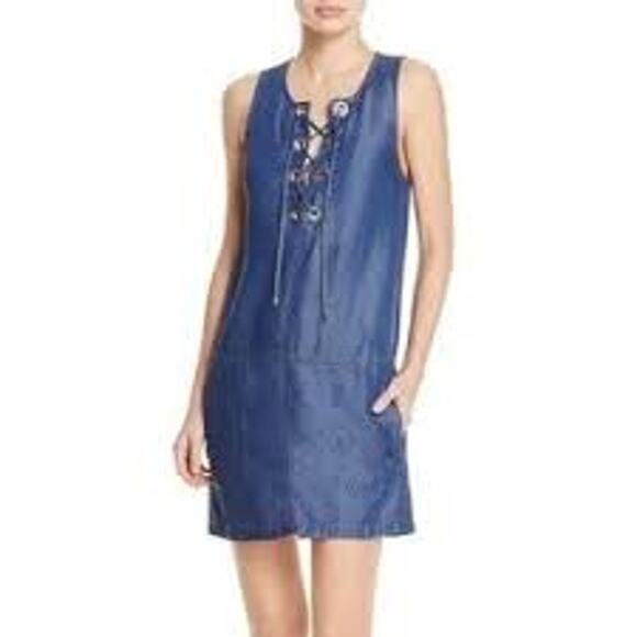Splendid  Lace Up Sleeveless Chambray Denim Shift Mini Dress SD11487DK Medium M - Picture 5 of 7